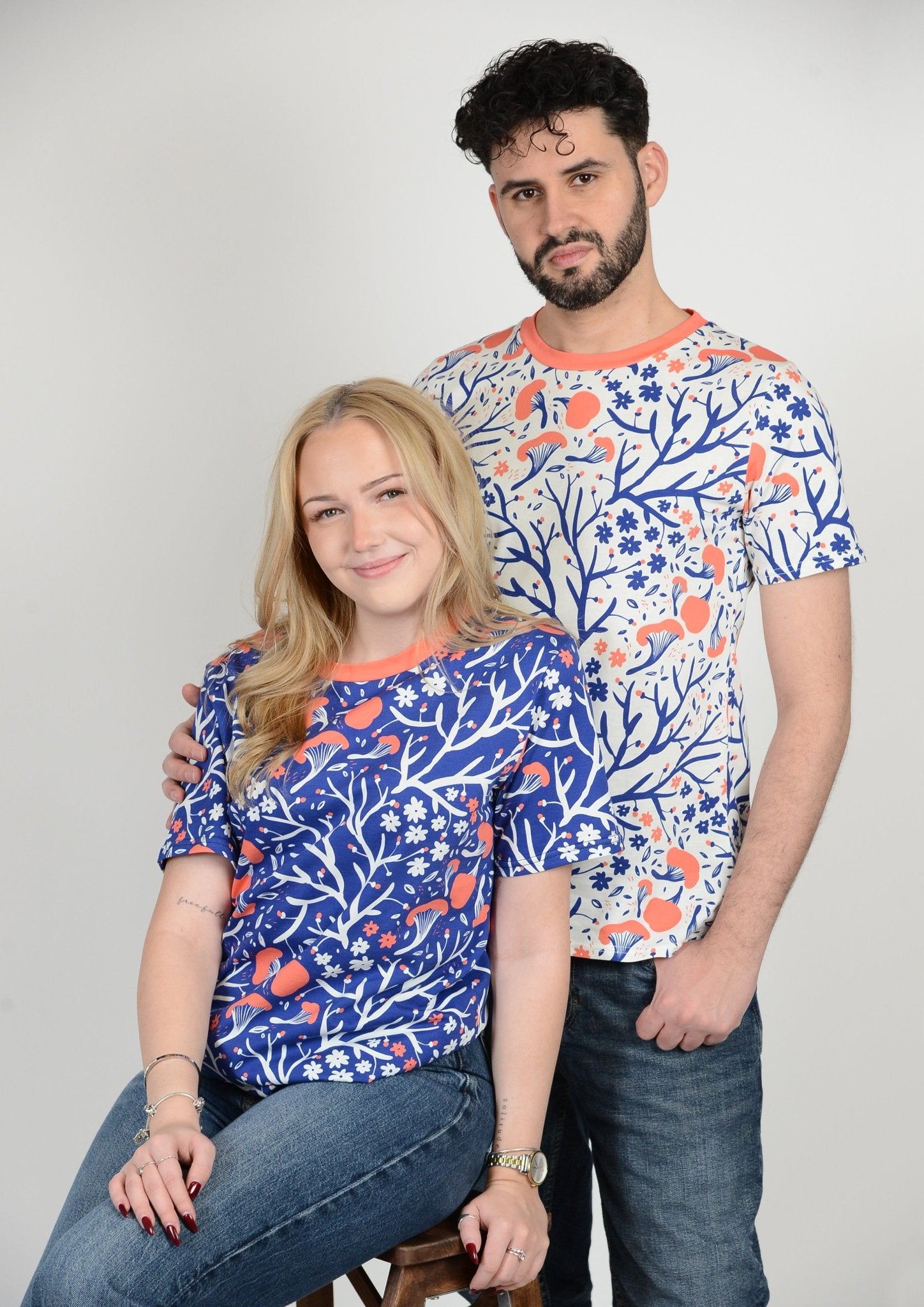 matching apparel for couples, midnight-blue and sunlit-white enchanted forest design