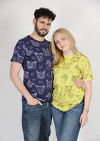 matching apparel for couples and friends, blue and yellow funny cat design, cat4ever t-shirt duo