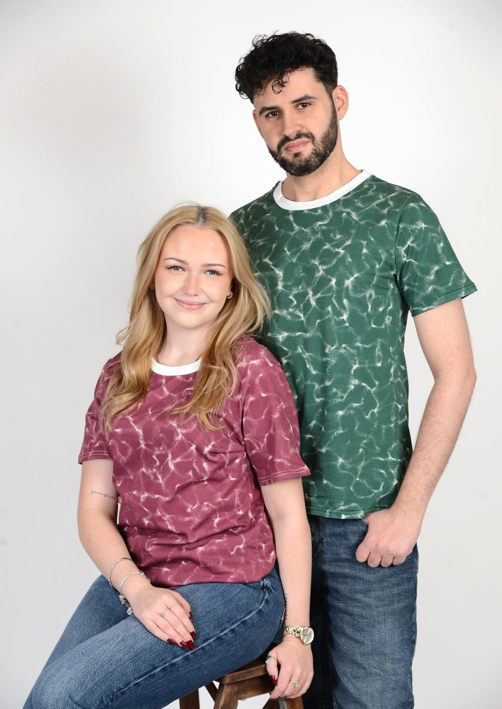 matching t‑shirt pair mellow burgundy & green mysterious design, for couples, friends and families