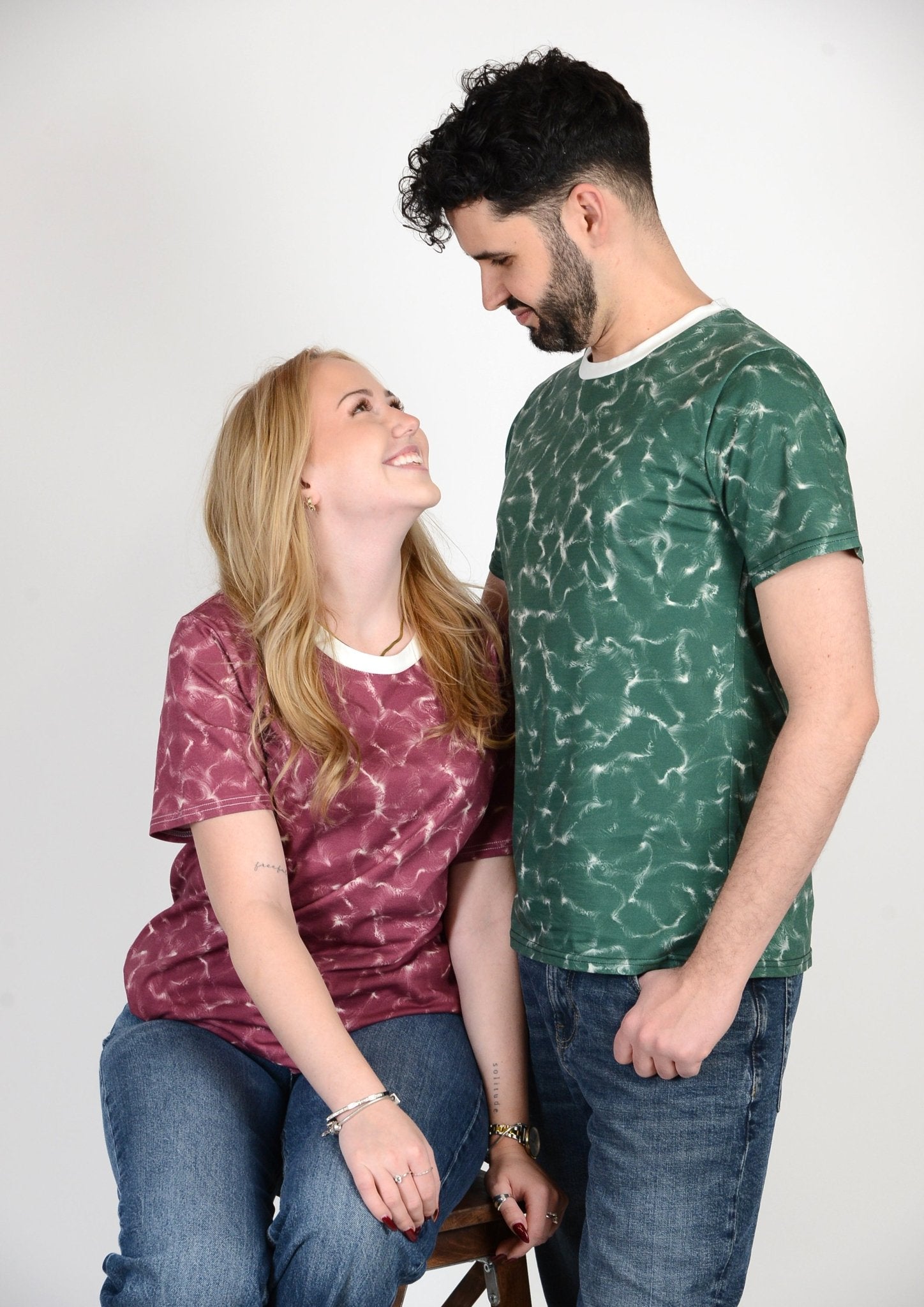couple outfit matching rich green and burgundy t‑shirt pair mellow