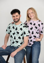 Couple outfit combo purple green cat design 