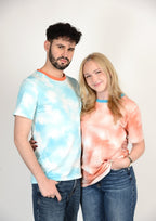 matching t‑shirt pair Rumble red‑white & blue-white cloud design, for couples, friends, families