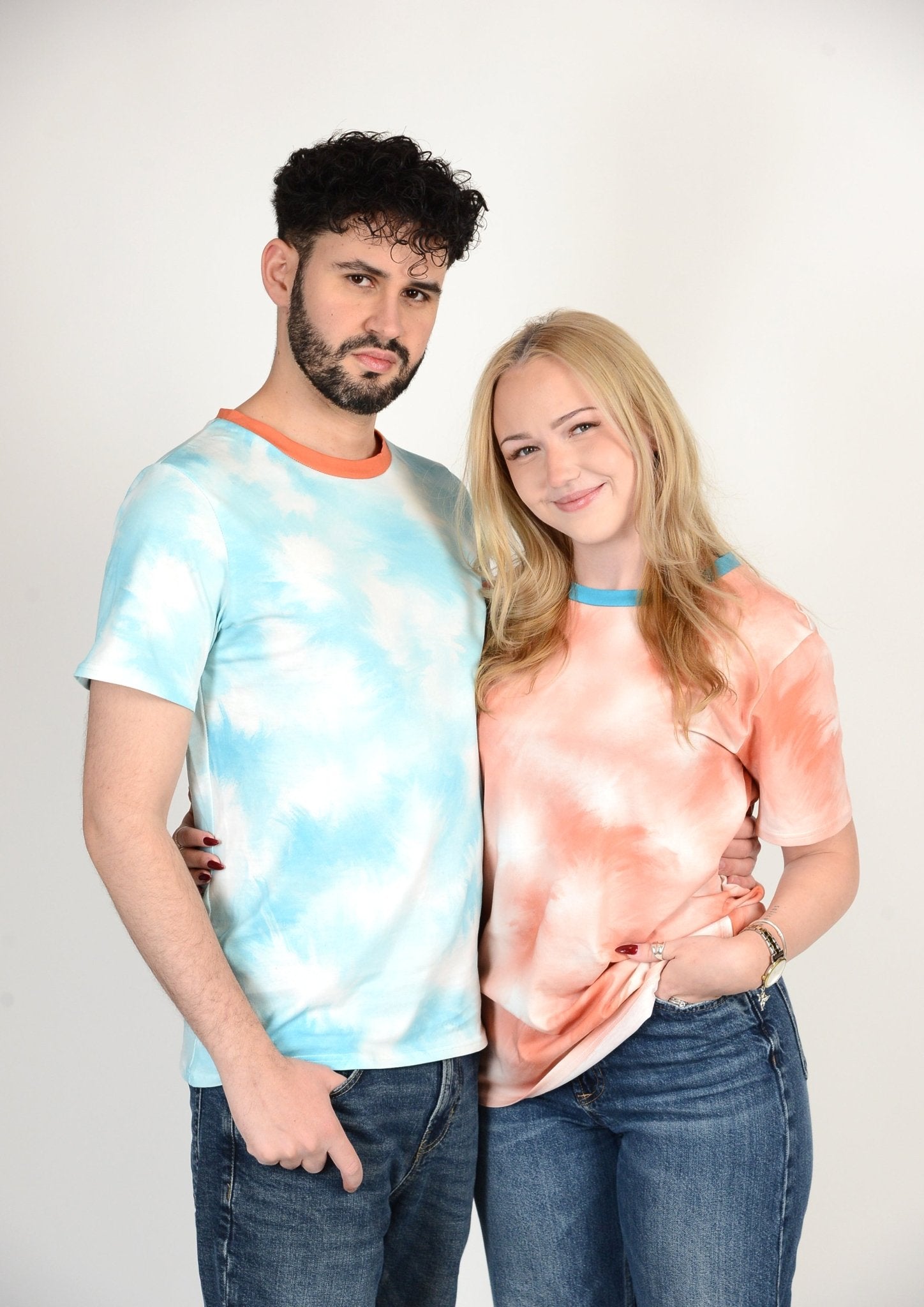 matching t‑shirt pair Rumble red‑white & blue-white cloud design, for couples, friends, families