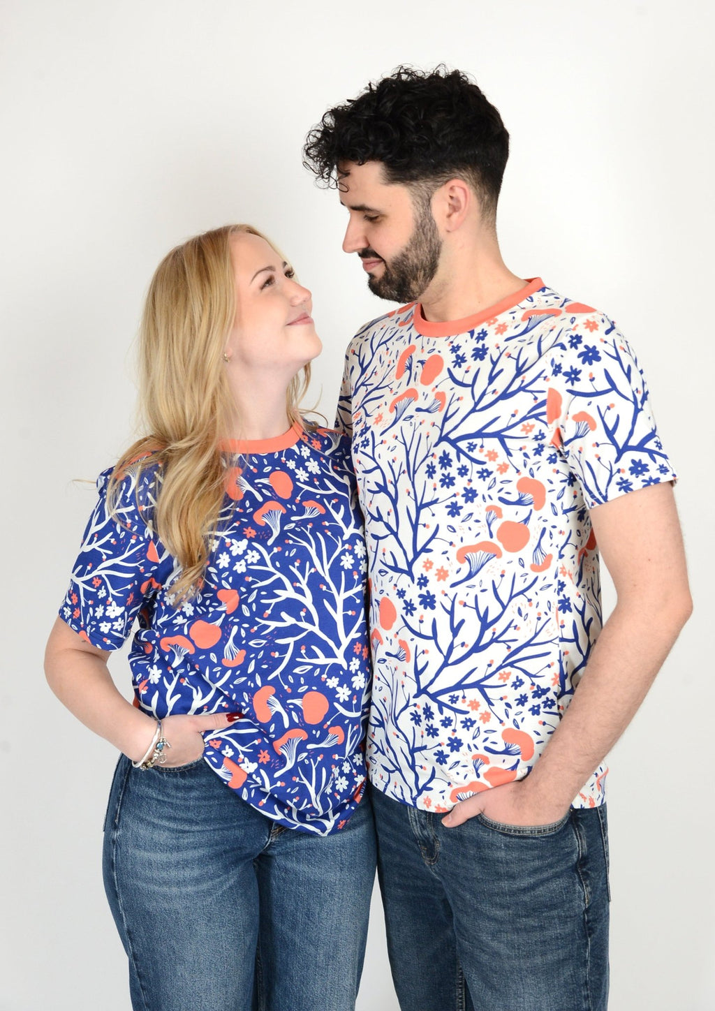 matching t-shirts for couples, midnight-blue and sunlit-white mushroom forest design
