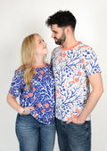 matching t-shirts for couples, midnight-blue and sunlit-white mushroom forest design