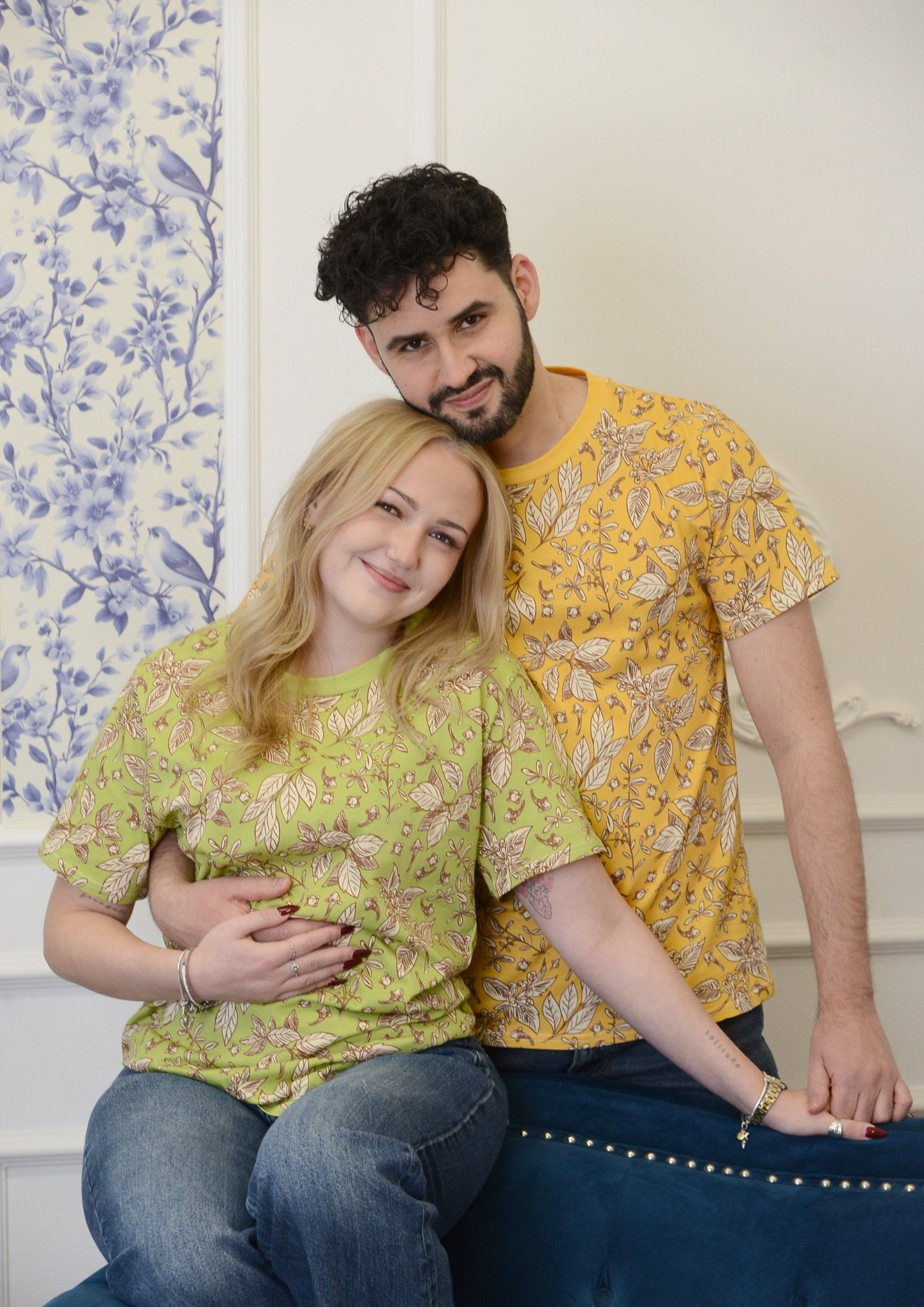 matching t‑shirt combo yellow and green design with cloves and flowers, for couples
