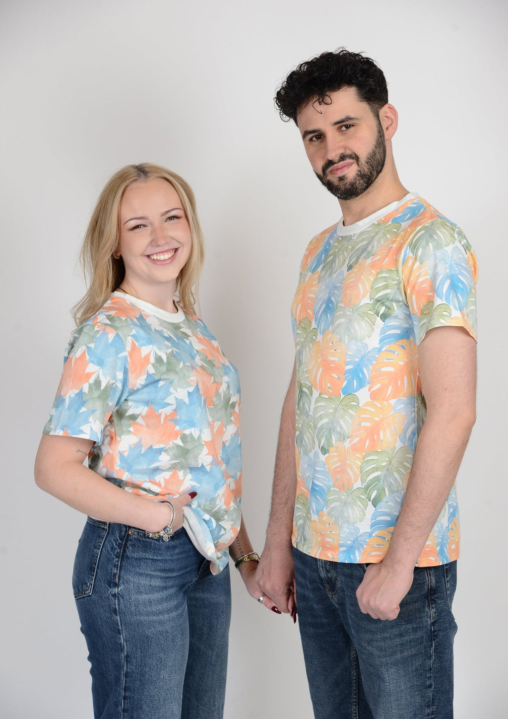 matching t‑shirt pair blue, green and orange leaves, family apparel