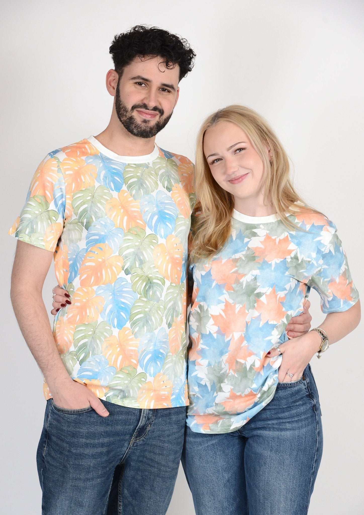 matching t‑shirt pair maple and monstera leaves, friend apparel