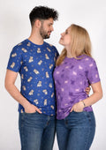 Blue and purple t-shirt pair with dog and cat design
